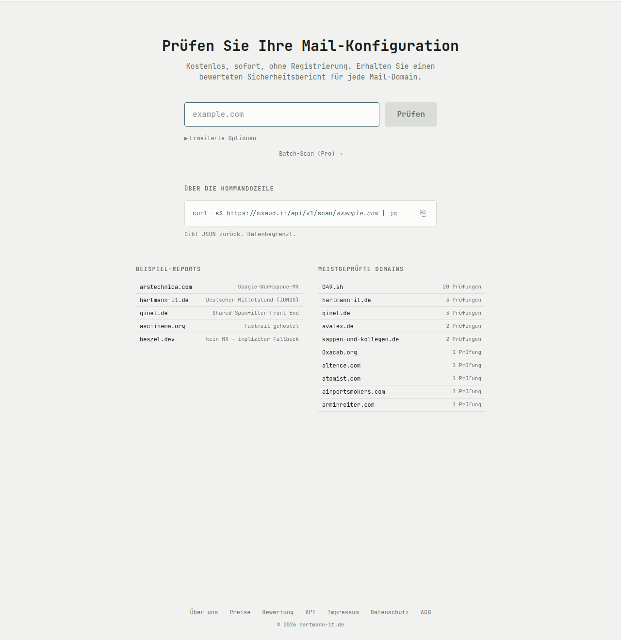 MXAudit home page with domain input, example reports and CLI usage